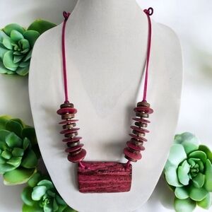 Statement Boho Tribal Chunky Pendant Necklace Red Wooden Vacation Artisan Cord